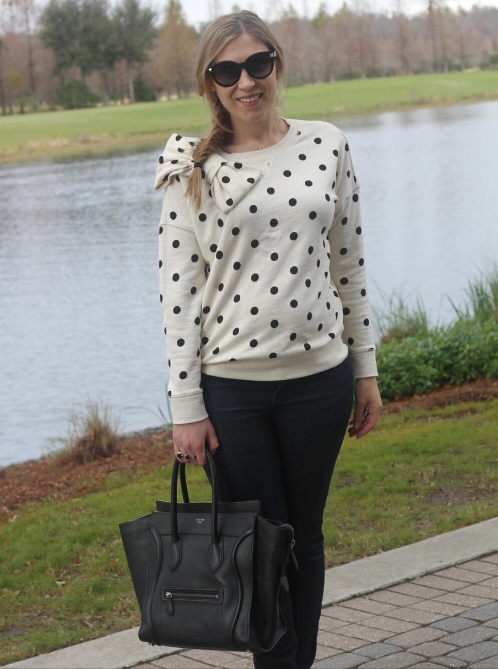 kate spade Cream Polka Dot Crewneck Sweater with Shoulder Bow